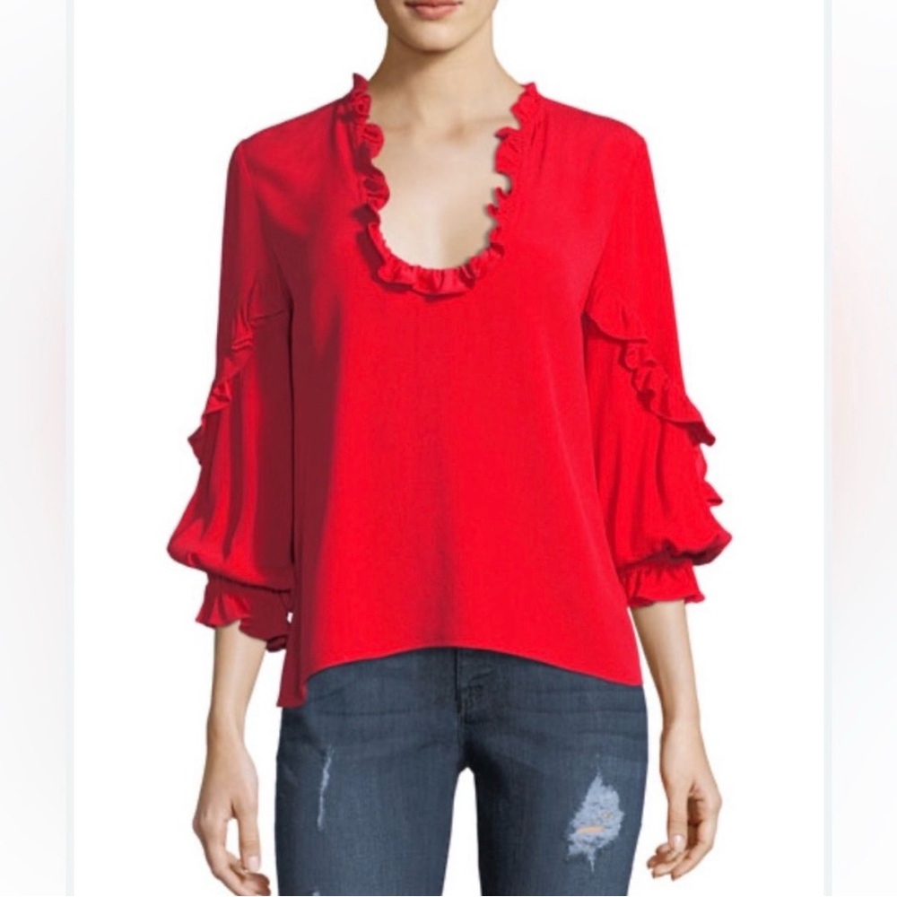 Alexis Red Brannon Scoop Neck Long Sleeve Top With Ruffle Frills XS
